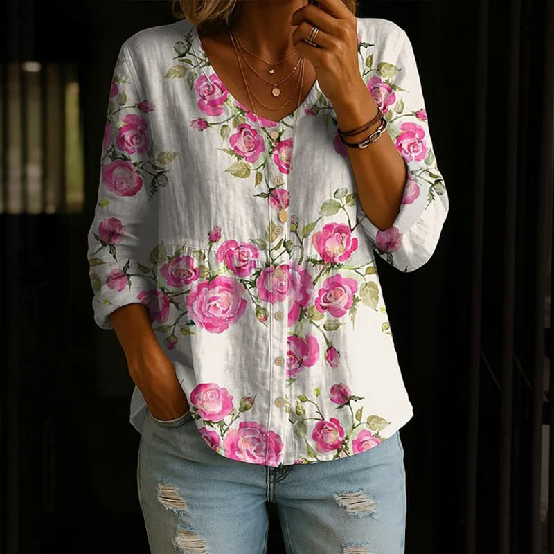 Romantic Climbing Roses Pattern Print Button V-neck A-line Long Sleeve Blouse - White - 4XL - image 1