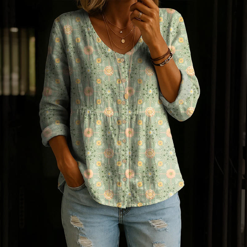 Boho Daisy Pattern Print Button V-neck A-line Long Sleeve Blouse - Light Green - 4XL - image 1