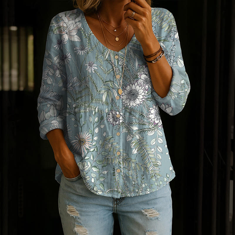 Vintage Wildflower Fern Pattern Print Button V-neck A-line Long Sleeve Blouse - Light Green - 4XL - image 1