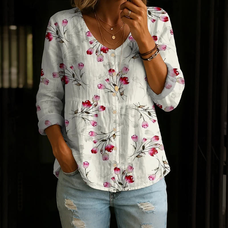  Elegant Tulips And Silhouettes Pattern Print Button V-neck A-line Long Sleeve Blouse - White - 4XL - image 1