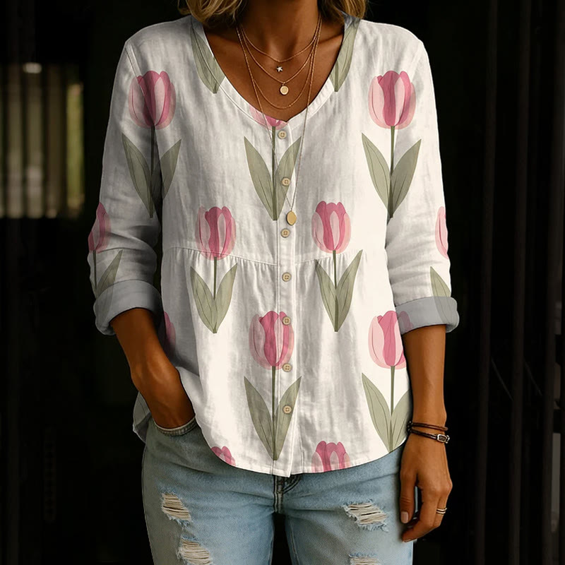  Elegant Tulips Pattern Print Button V-neck A-line Long Sleeve Blouse - White - 4XL - image 1