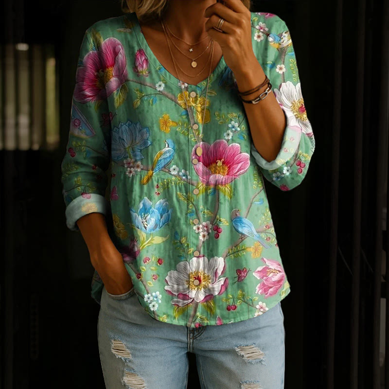 Spring Flowers And Birds Pattern Print Button V-neck A-line Long Sleeve Blouse - Green - 4XL - image 1