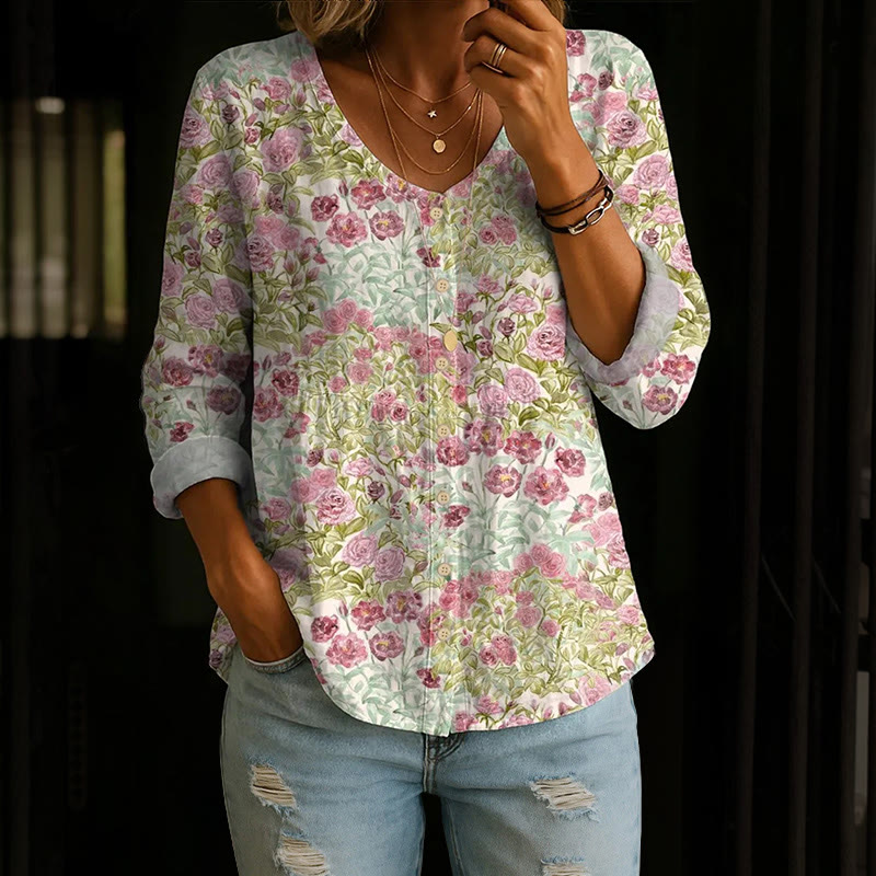 Spring Garden Roses Pattern Print Button V-neck A-line Long Sleeve Blouse - Multicolor - 4XL - image 1