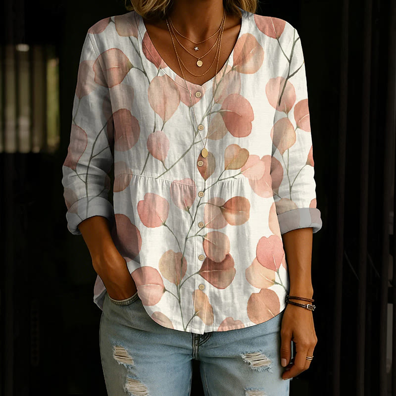 Elegant Watercolor Red Leaves Pattern Print Button V-neck A-line Long Sleeve Blouse - White - 4XL - image 1