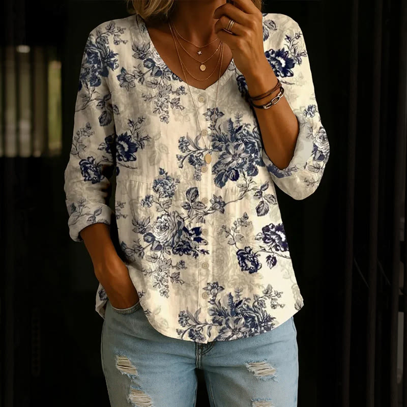 Vintage Roses Silhouette Pattern Print Button V-Neck A-line Long Sleeve Blouse - Apricot - 4XL - image 1