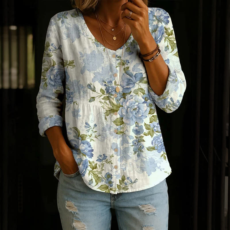 Vintage Intertwined Floral Silhouettes Pattern Print Button V-neck A-line Long Sleeve Blouse - Light Blue - 4XL - image 1