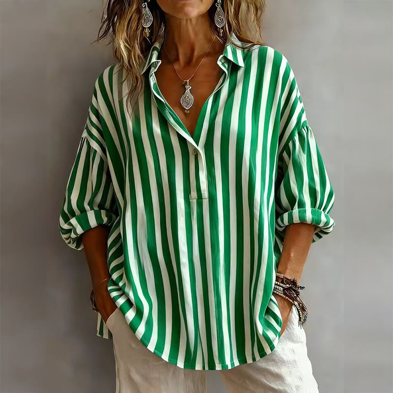Women's Loose-fit Casual Striped Long-sleeve Shirt - Green - 3XL - image 4