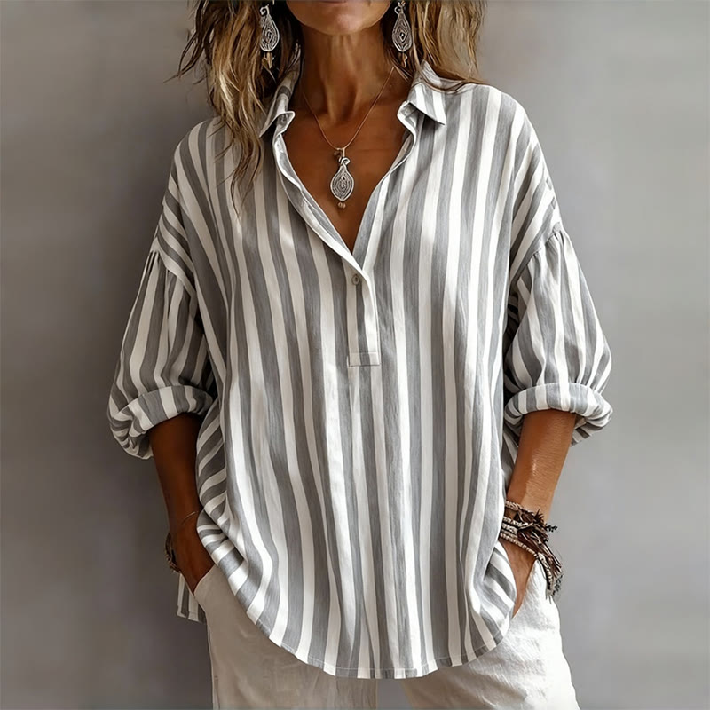 Women's Loose-fit Casual Striped Long-sleeve Shirt - Grey - 3XL - image 1