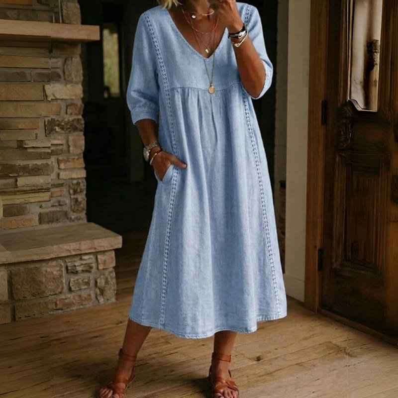 Elegant Solid V-neck Half Sleeve Maxi Dress - Light Blue - 3XL - image 2