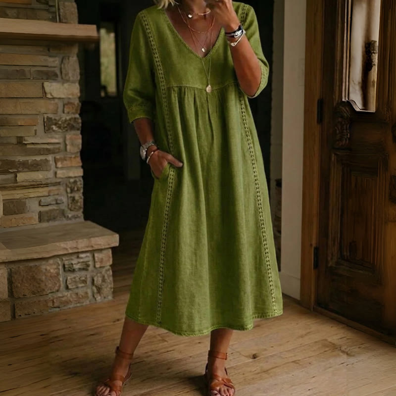 Elegant Solid V-neck Half Sleeve Maxi Dress - Olive Green - 3XL - image 1