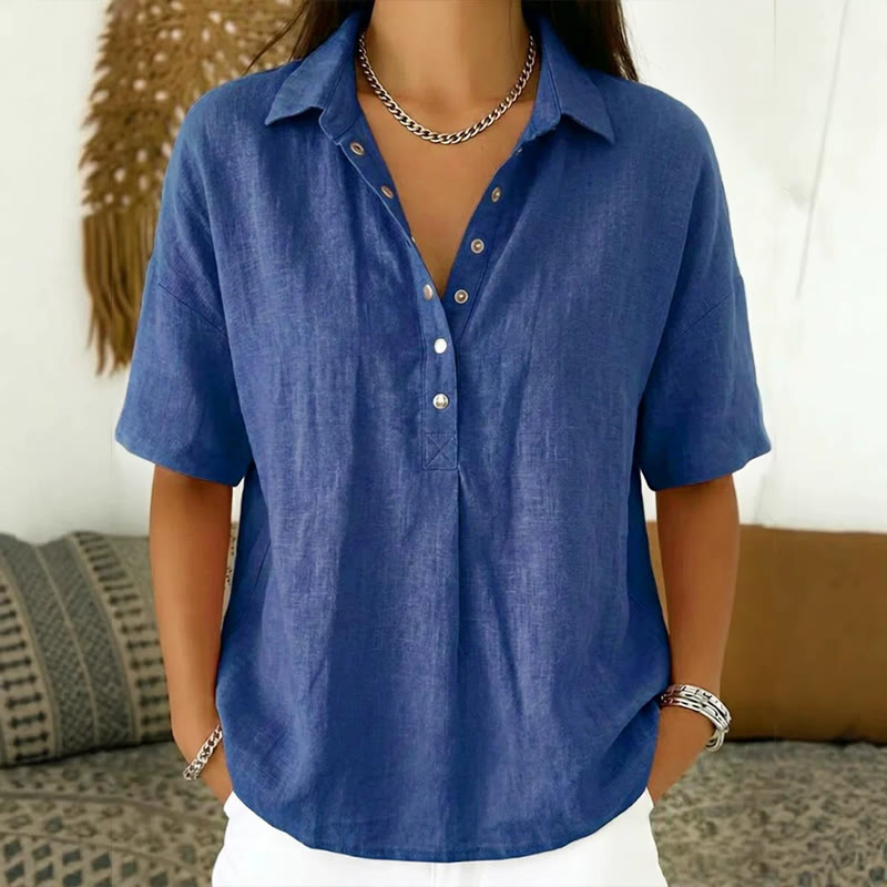 Simple Cozy Solid-color Button-up Short-sleeve Polo Blouse - Royal Blue - 3XL - image 1