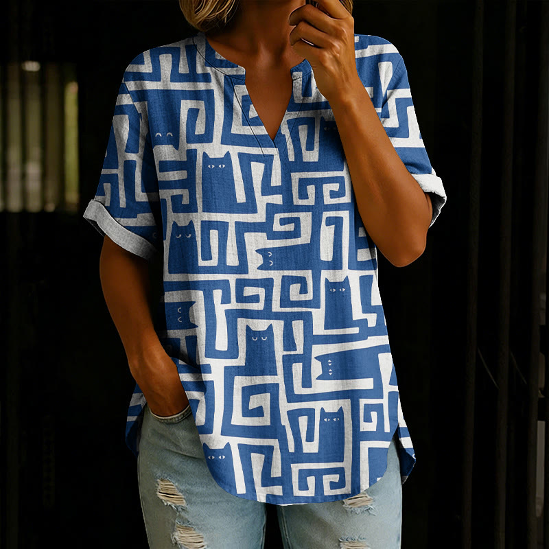 Cute Geometric Cats Print Short Sleeve Casual Blouse - Blue - 5XL - image 2