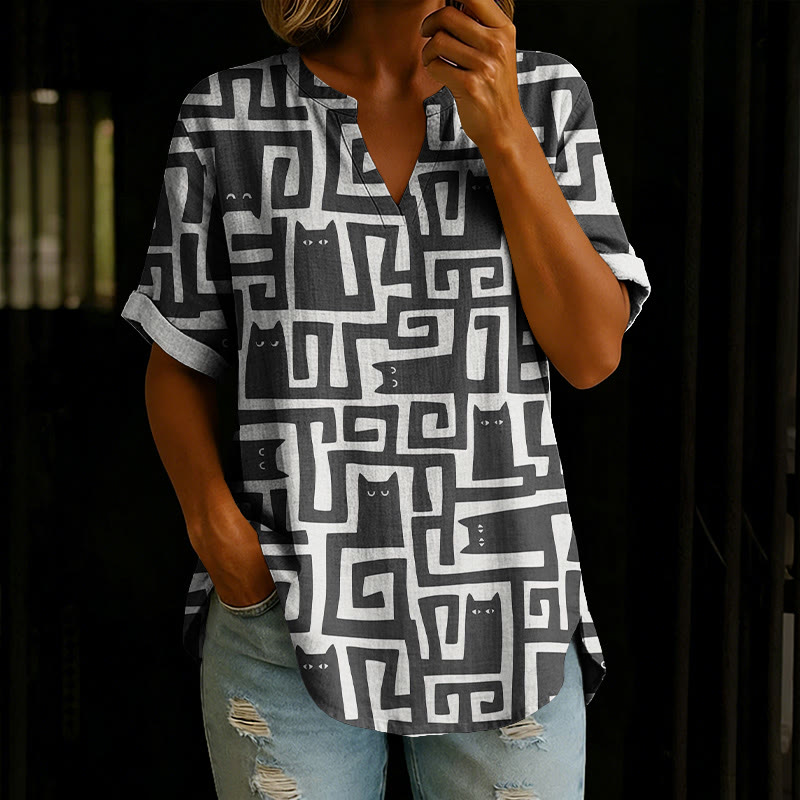 Cute Geometric Cats Print Short Sleeve Casual Blouse - Black - 5XL - image 1