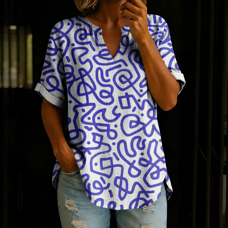  Random Line Doodle Art Print Short Sleeve Casual Blouse - Royal Blue - 5XL - image 2