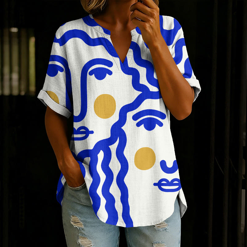 Simple Line Girls Sister Art Print Short Sleeve Casual Blouse - Royal Blue - 5XL - image 2