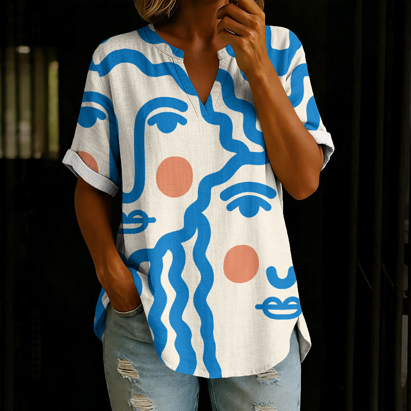 Simple Line Girls Sister Art Print Short Sleeve Casual Blouse - Lake Blue - 5XL - image 1