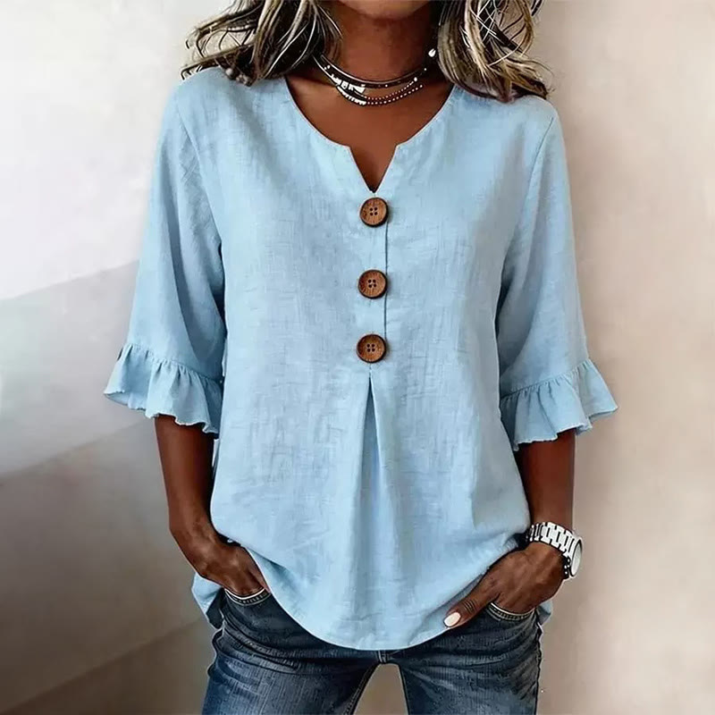 Solid Color Print Button V-neck Blouse With Ruffle Sleeves - Light Blue - 3XL - image 1