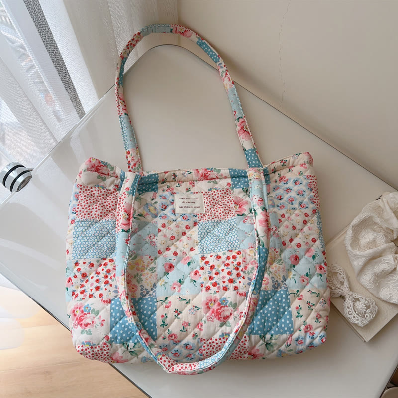 Pastoral Romantic Floral Patchwork Print Quilted Tote Bag - Blue - 40*26*8cm - image 1