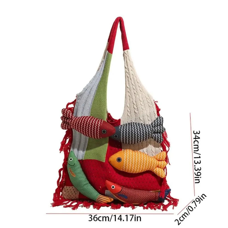 Boho Fish Charm Crochet Patchwork Knitted Beach Tote Bag - image 6