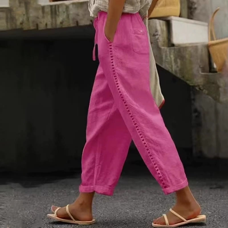 Solid Elastic Waist With Drawstring Side Cutout Lace Splicing Cropped Pants - Rose - 4XL - image 2