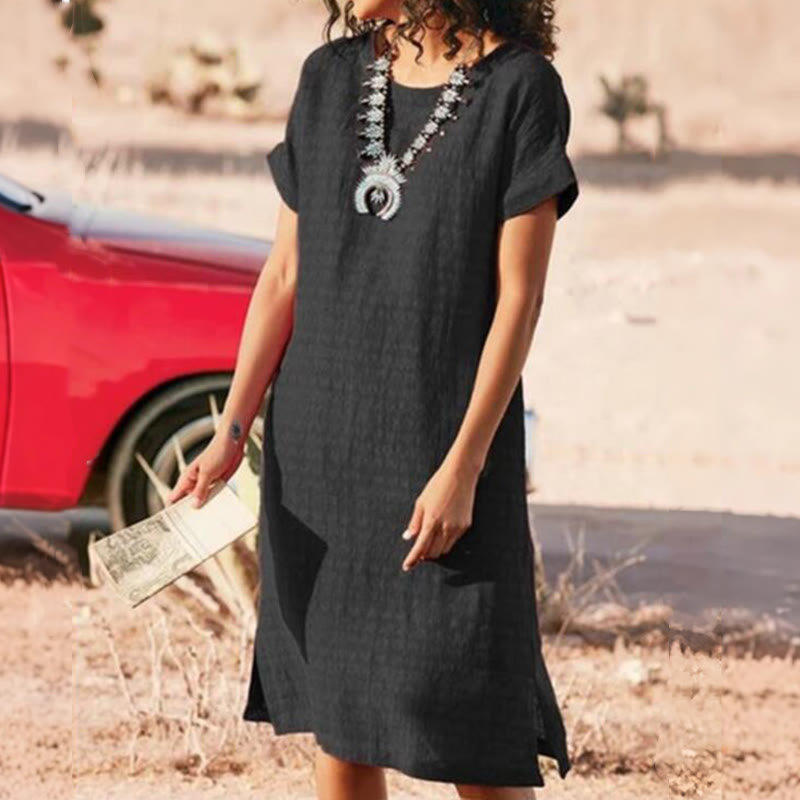 Elegant Solid Wrinkled Texture Round-neck Short-sleeve Slits Dress - Black - 3XL - image 2