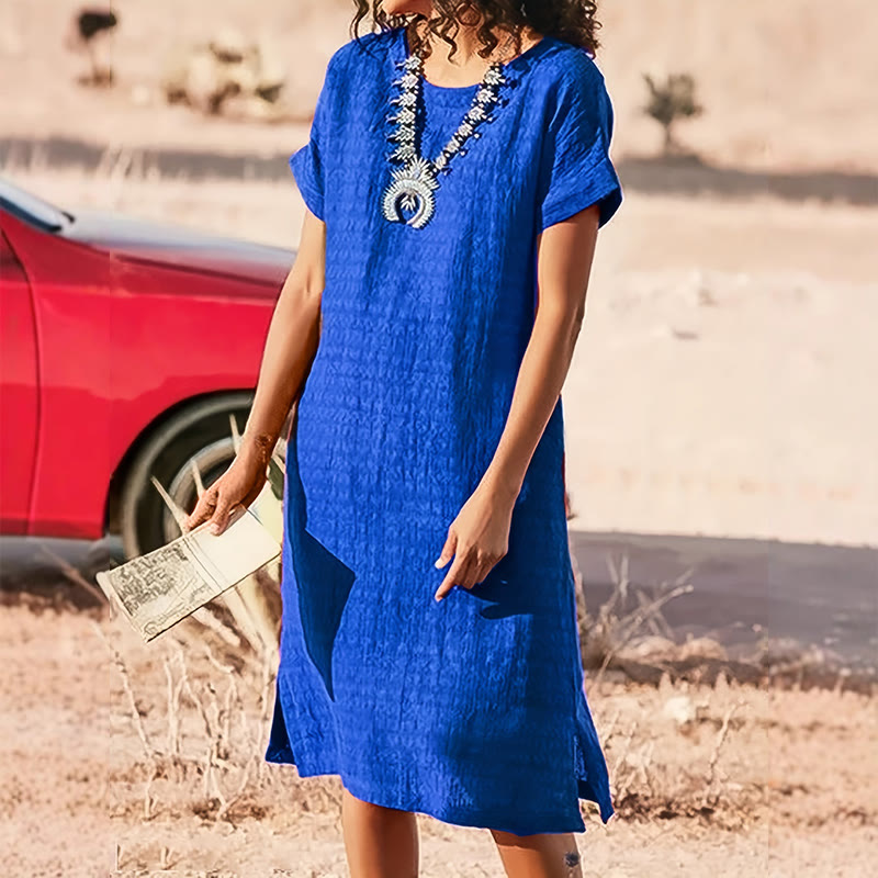 Elegant Solid Wrinkled Texture Round-neck Short-sleeve Slits Dress - Royal Blue - 3XL - image 1