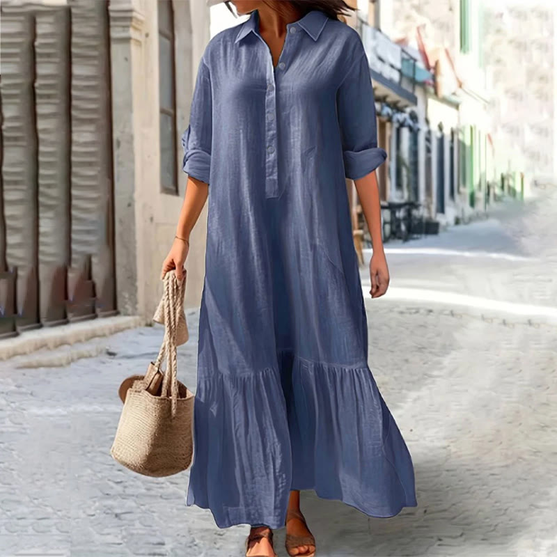 Beach Elegant Solid Shirt-collar Button-front 3/4 Sleeve Maxi Dress - Royal Blue - 5XL - image 2