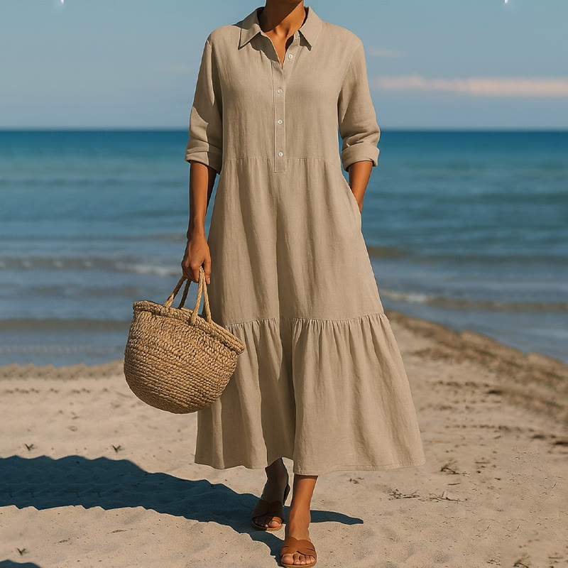 Beach Elegant Solid Shirt-collar Button-front 3/4 Sleeve Maxi Dress - Khaki - 5XL - image 1
