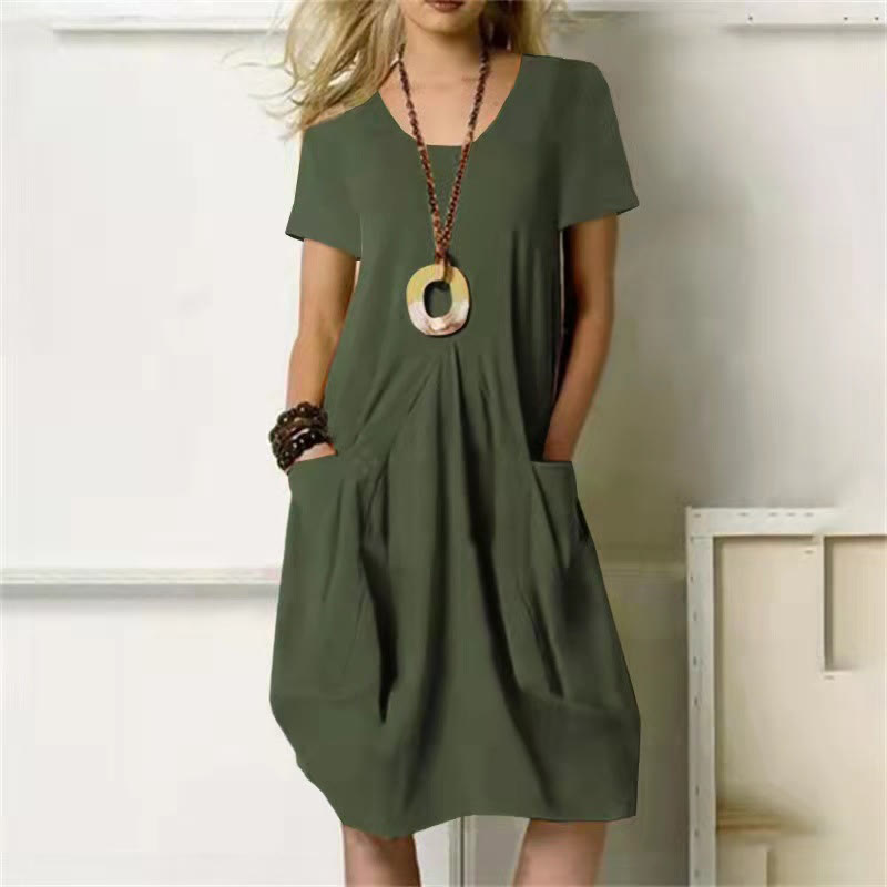 Beach Solid Crew Neck With Large Pockets Dress - Army Green - 5XL - image 1