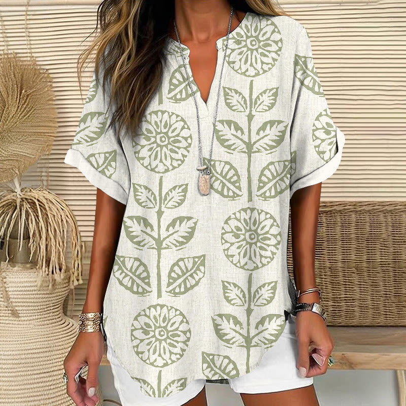 Boho Rubbing Sunflower Floral Pattern Pattern Print Short Sleeve Casual Blouse - Light Green - 5XL - image 2
