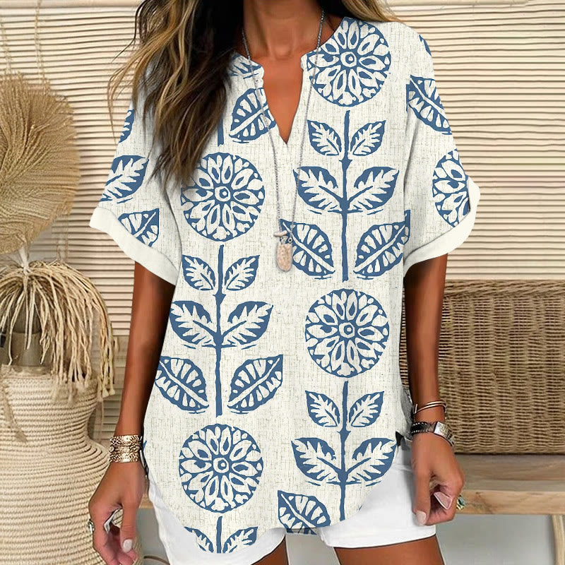Boho Rubbing Sunflower Floral Pattern Pattern Print Short Sleeve Casual Blouse - Blue - 5XL - image 1