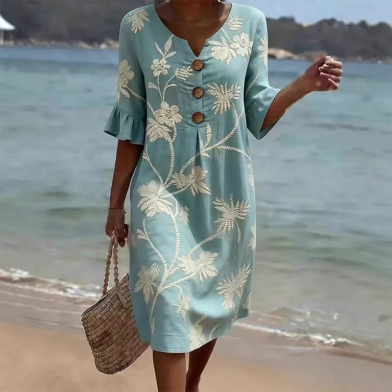 Boho Floral Notched Collar Button Ruffled Half Midi Dress - Green - US 22 (4XL) - image 1