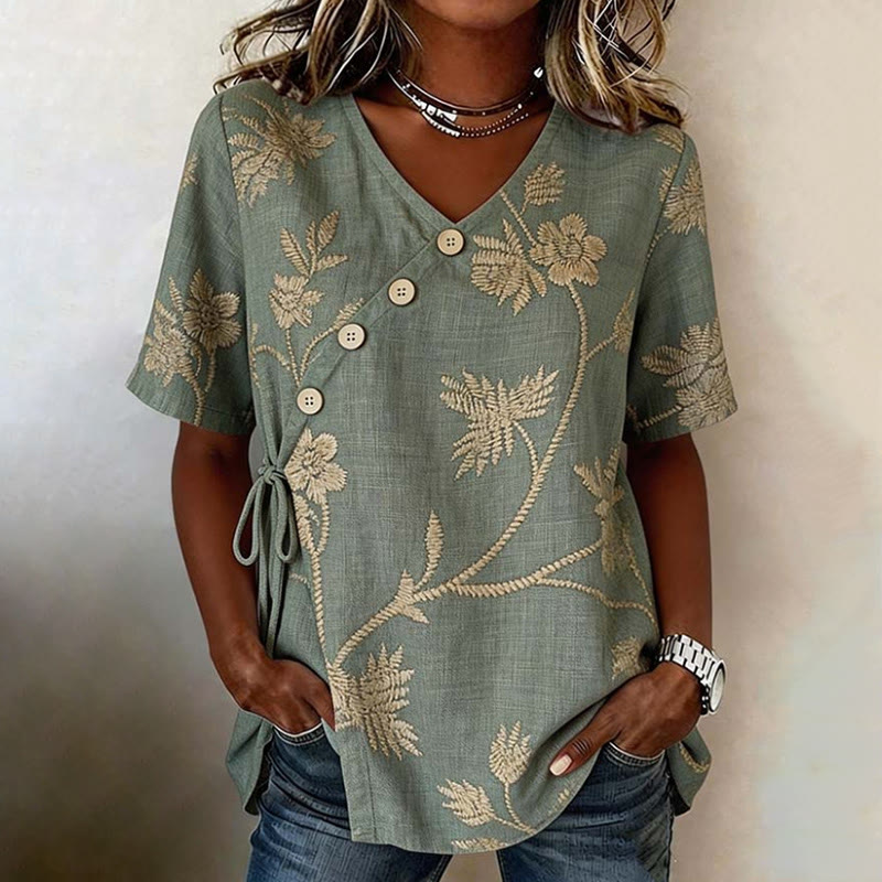 Boho Floral Print Short Sleeve V-neck Button&tie Slit Blouse - Green - 3XL - image 1