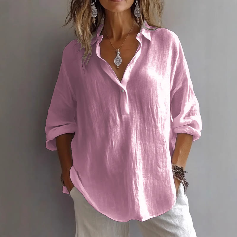 Solid Shirt Collar Half-placket Long Sleeve Blouse - Pink - 2XL - image 2