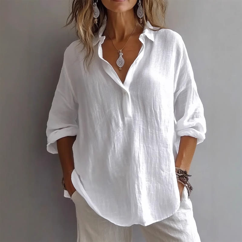 Solid Shirt Collar Half-placket Long Sleeve Blouse - White - 2XL - image 1