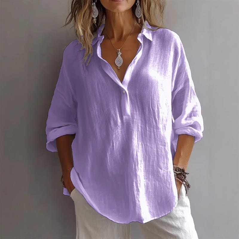 Solid Shirt Collar Half-placket Long Sleeve Blouse - Purple - 2XL - image 4