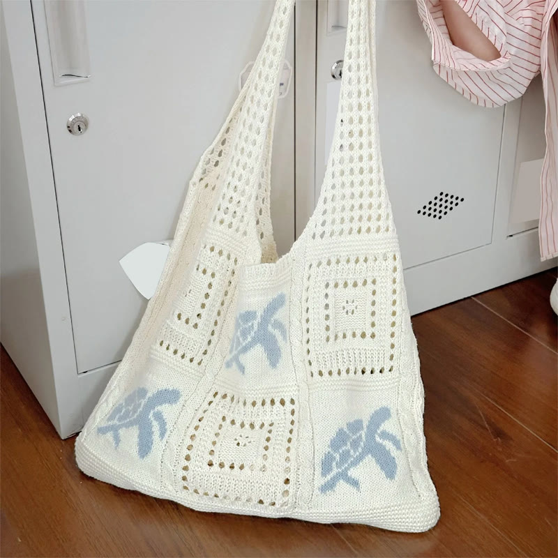 Boho Beach Turtle Open-knit One-shoulder Bag - Light Blue - 31*39cm - image 3