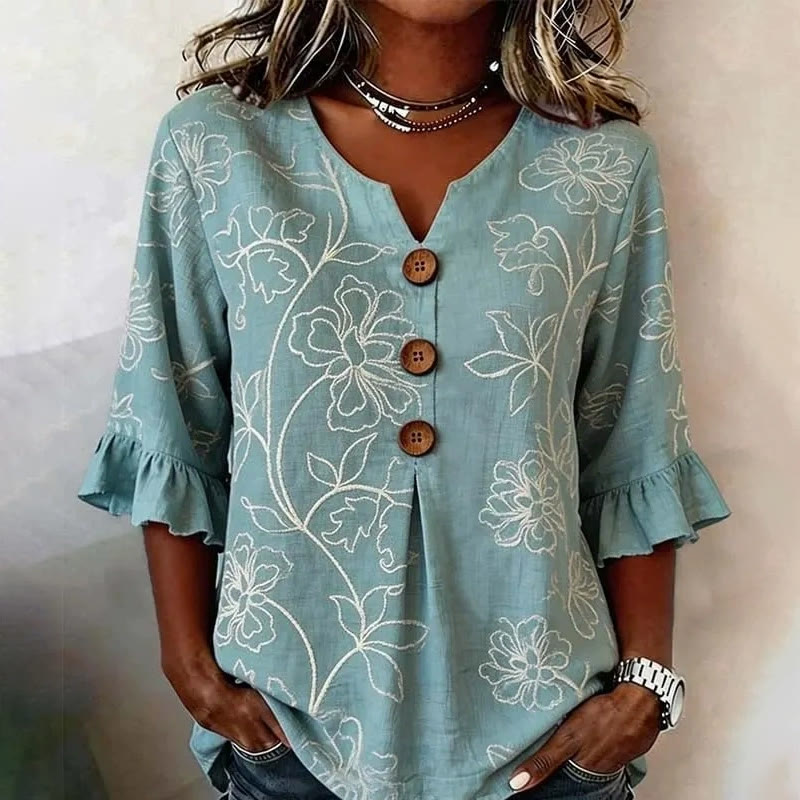 Elegant Line-art Flowers Button V-neck Blouse With Ruffle Sleeves - Light Green - US 22 (4XL) - image 1
