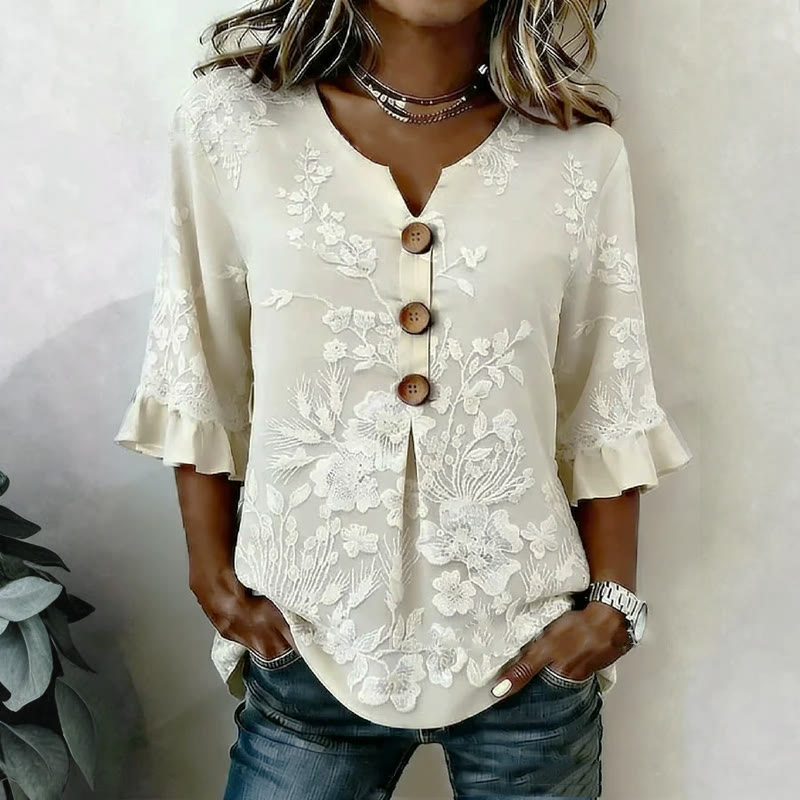 Pastoral Floral Lace Pattern Print Button V-neck Blouse With Ruffle Sleeves - Apricot - US 22 (4XL) - image 2