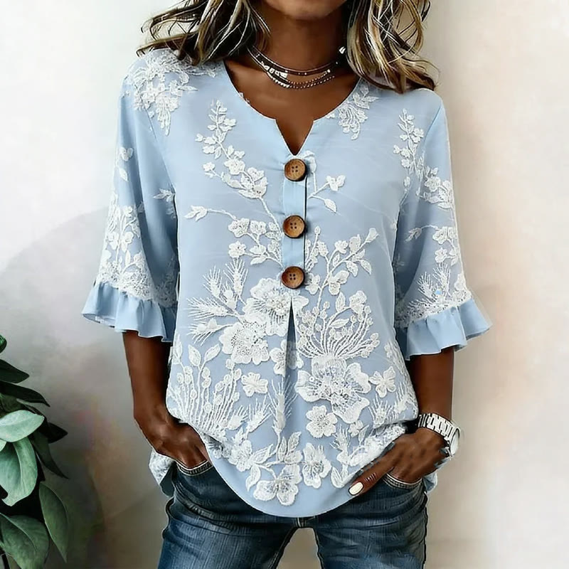 Pastoral Floral Lace Pattern Print Button V-neck Blouse With Ruffle Sleeves - Light Blue - US 22 (4XL) - image 1