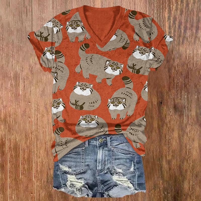 Cute Otocolobus Manul Pattern Print Short Sleeved V-neck T-shirt - Red - US32-34(5XL) - image 1