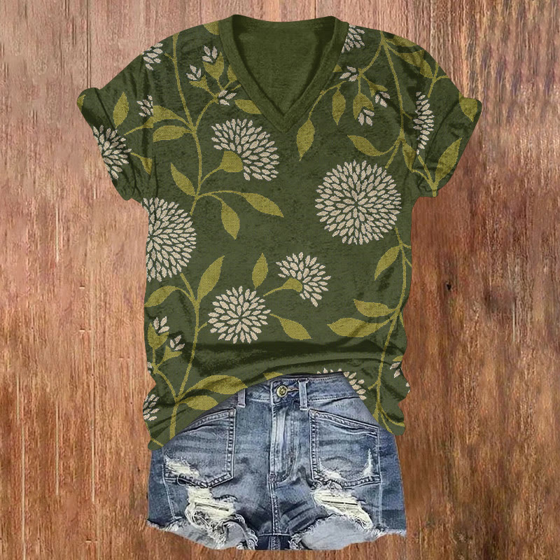 Japanese Chrysanthemum Vines Pattern Print Short Sleeved V-neck T-shirt - Green - US32-34(5XL) - image 2