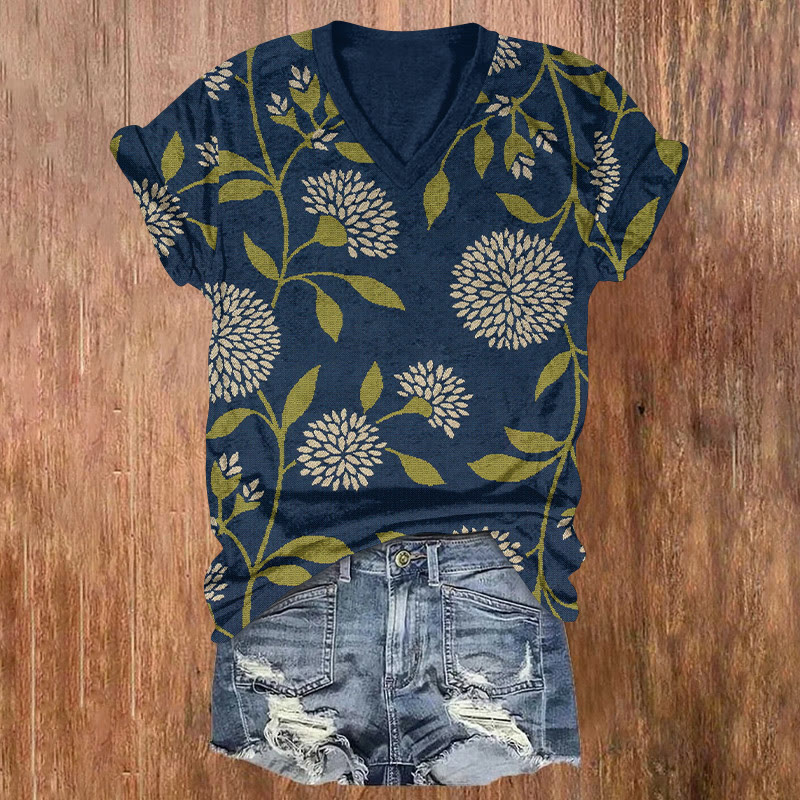 Japanese Chrysanthemum Vines Pattern Print Short Sleeved V-neck T-shirt - Blue - US32-34(5XL) - image 1