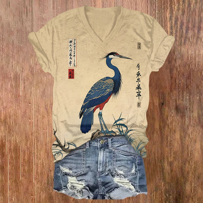 Japanese One Crane Pattern Print Short Sleeved V-neck T-shirt - Apricot - US32-34(5XL) - image 1
