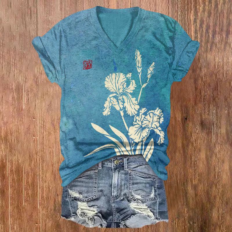 Japanese Ink-wash Gradient Irises Pattern Print Short Sleeved V-neck T-shirt - Blue - US32-34(5XL) - image 1