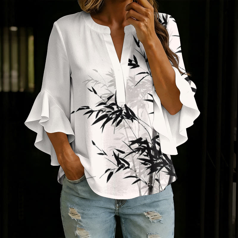 Ink Watercolor Bamboo Art Print V-neck Half Sleeve Blouse - White - 5XL - image 1