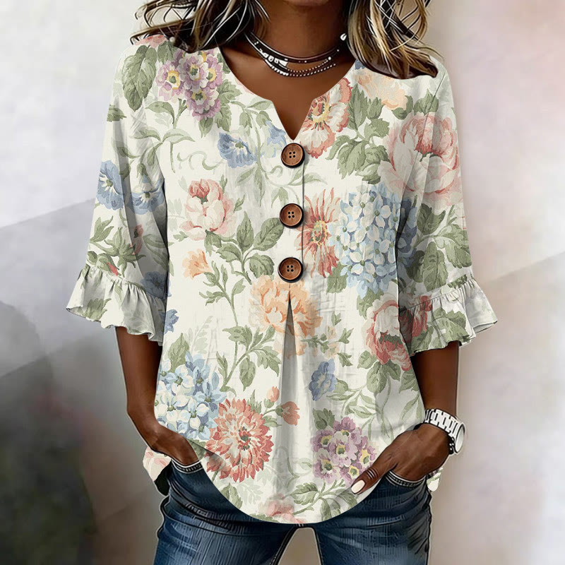 Vintage Florals Pattern Print Button V-neck Blouse With Ruffle Sleeves - Blue - US 22 (4XL) - image 1