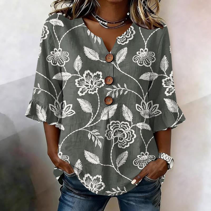 Women's Loose Fit Floral Print Button V-neck Blouse With Ruffle Sleeves - Green - US32-34(5XL) - image 1