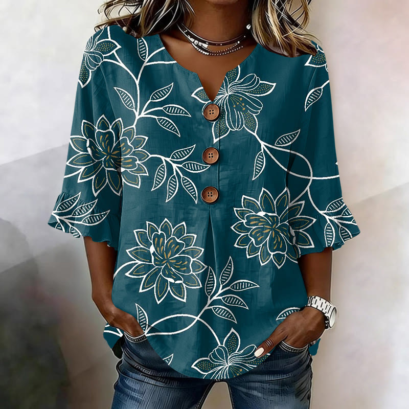 Vintage Style Botanical Print Button V-neck Blouse With Ruffle Sleeves - Green - US 22 (4XL) - image 1