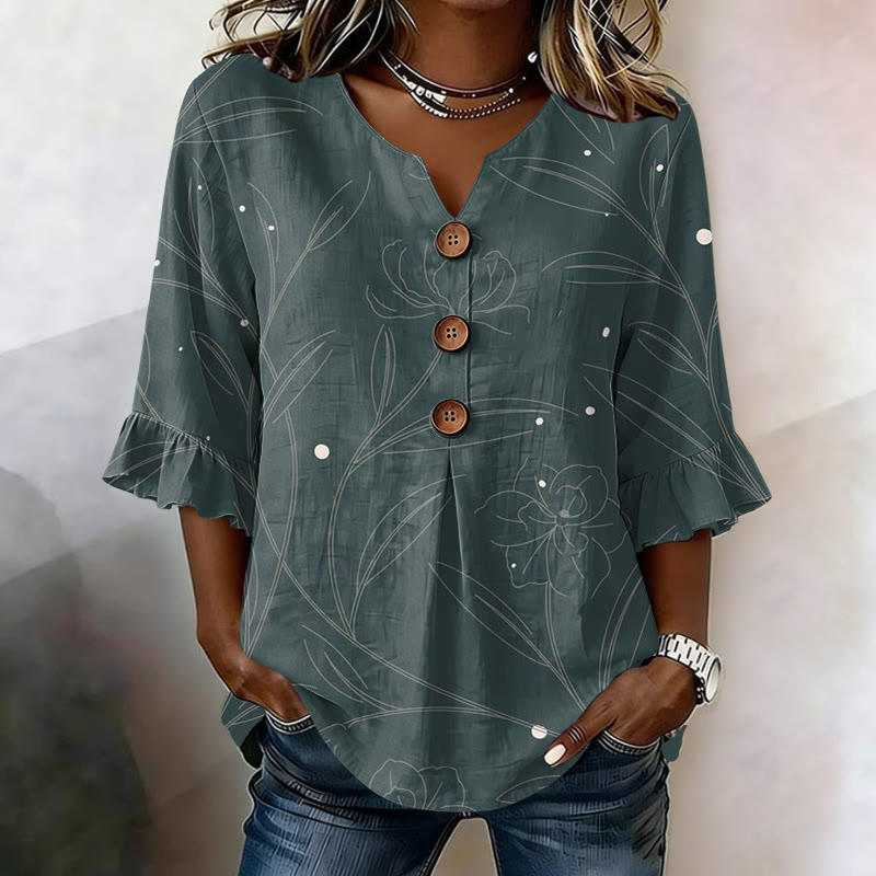 Vintage Style Floral Leaf Print Button V-neck Blouse With Ruffle Sleeves - Green - US 22 (4XL) - image 1